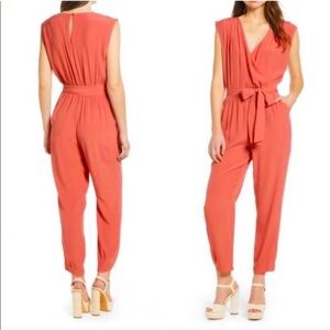 Leith Faux Wrap Sleeveless Salmon Coral Straight Leg Jumpsuit Romper V Neck